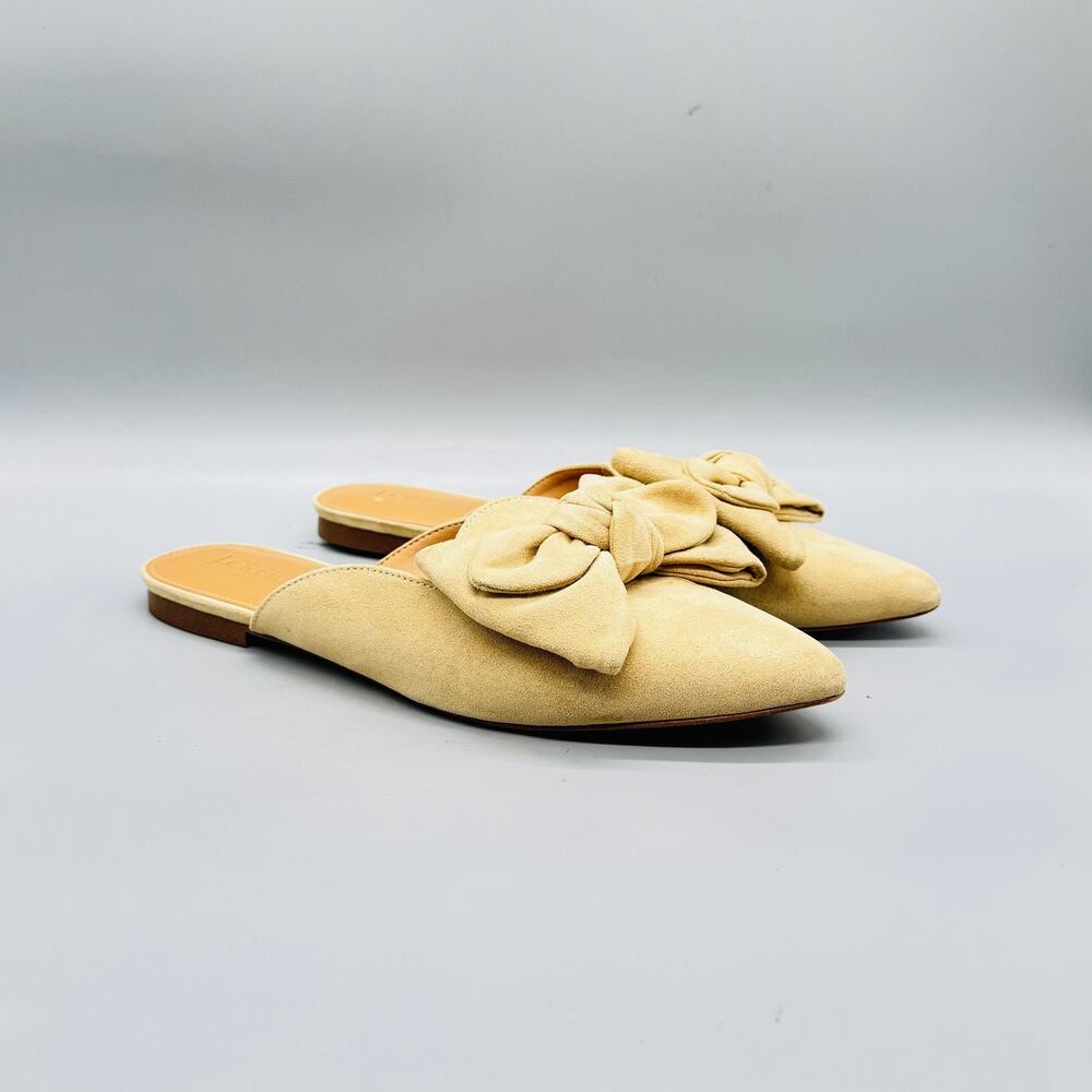 J Crew Shoes Womens 8.5 Beige Faux Suede Slide Mules Bow Pointed Toe Casual